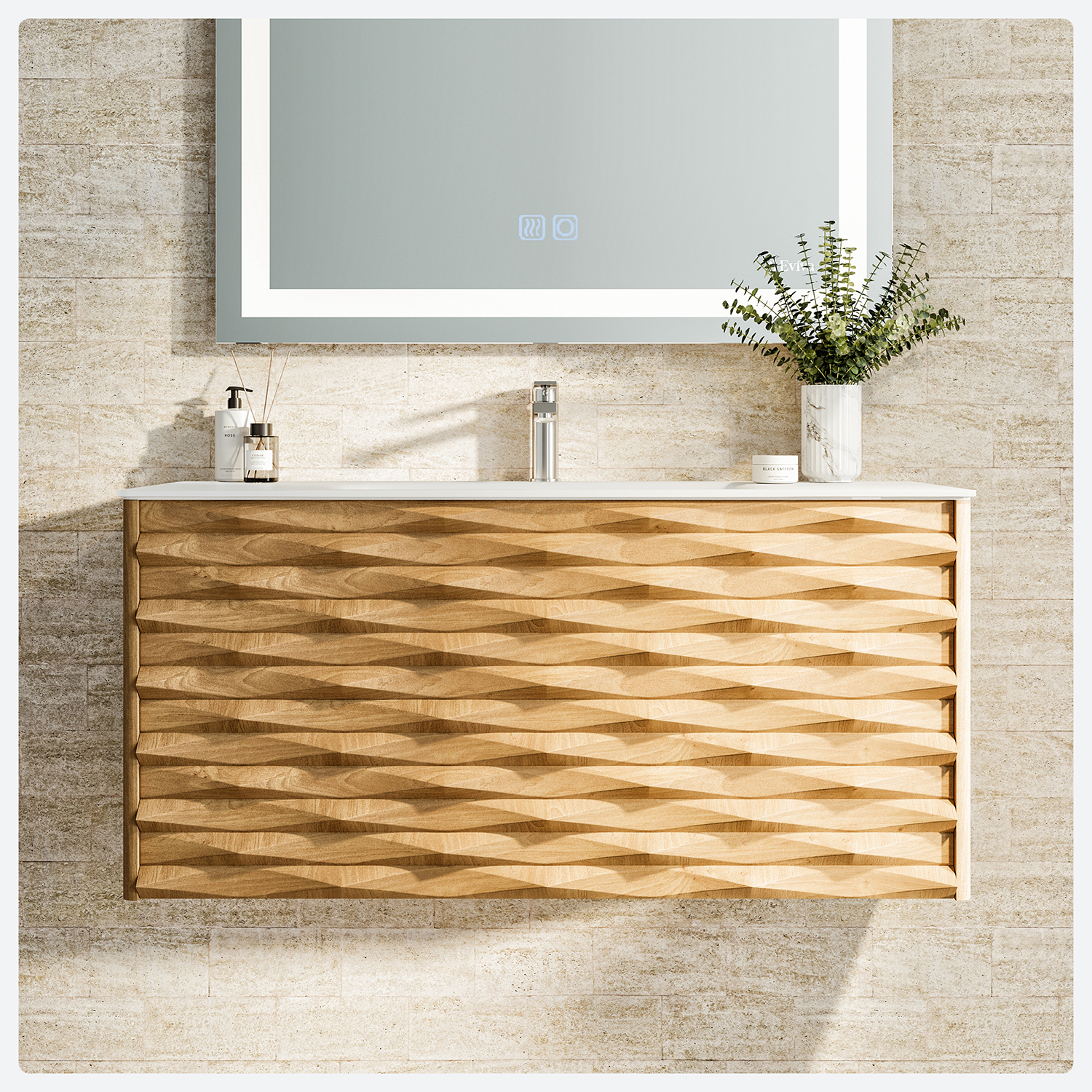 eviva oahu 32 inch wall mount solid oak vanity with solid surface  integrated sink
