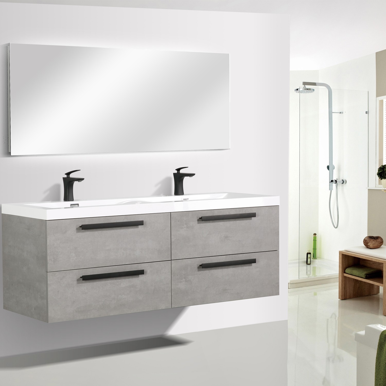 Eviva Surf 57 Cement Grey Modern Bathroom Vanity Set With Integrated White Acrylic Double Sink Decors Us