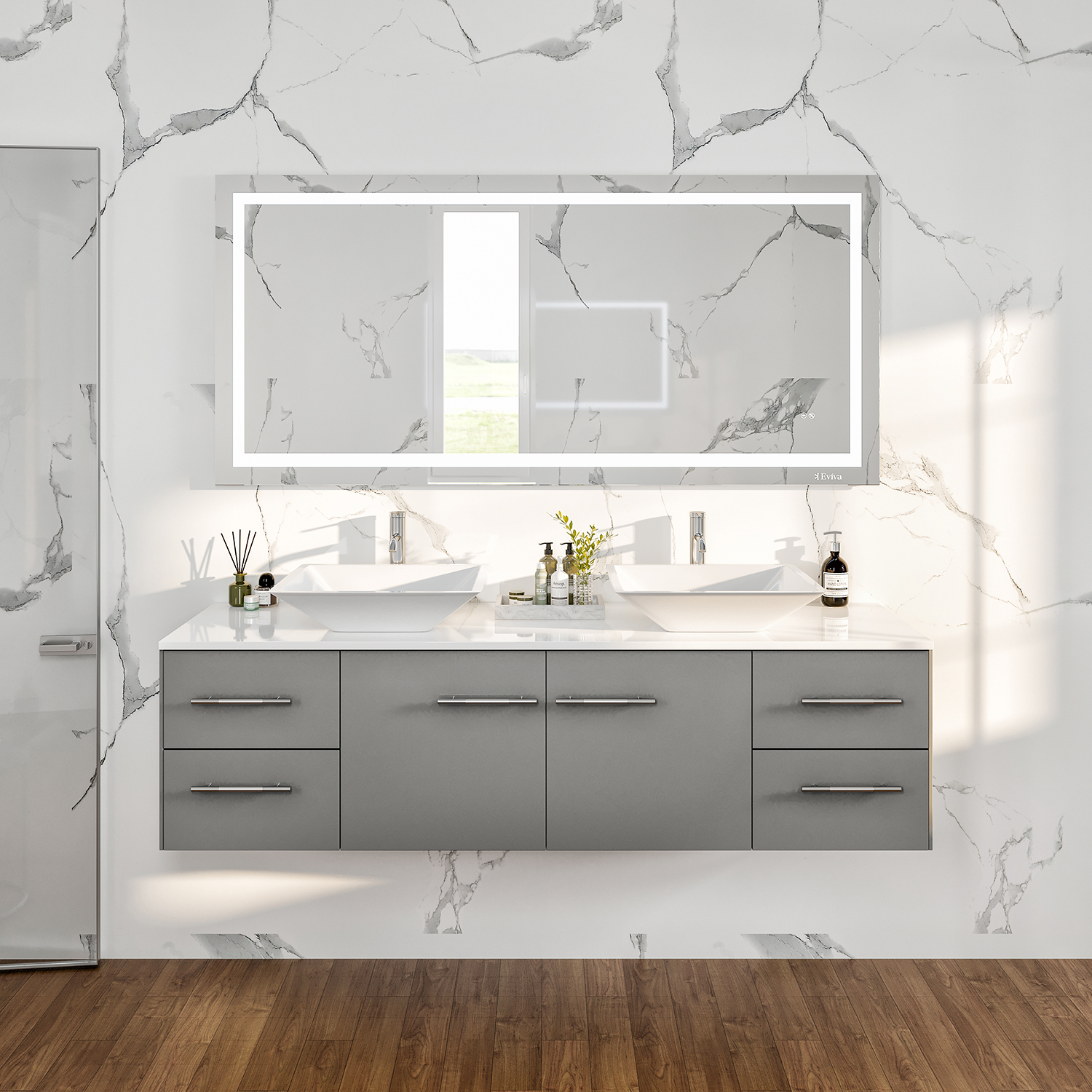 Farmhouse 60 in Double Sink Bathroom Vanity in Grey