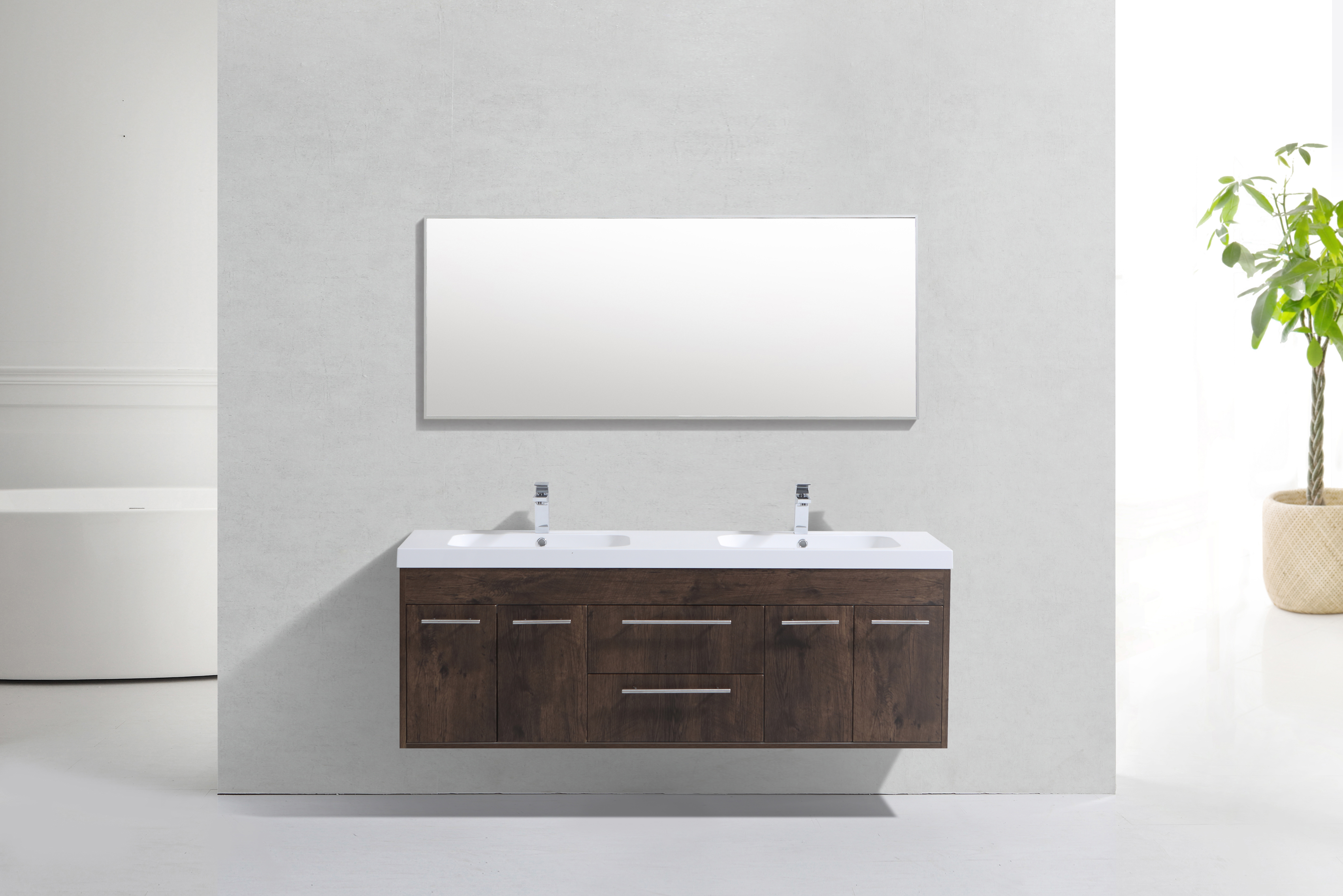 Eviva Lugano 60 Rosewood Modern Bathroom Vanity Wall Mount With White Integrated Acrylic Double Sink