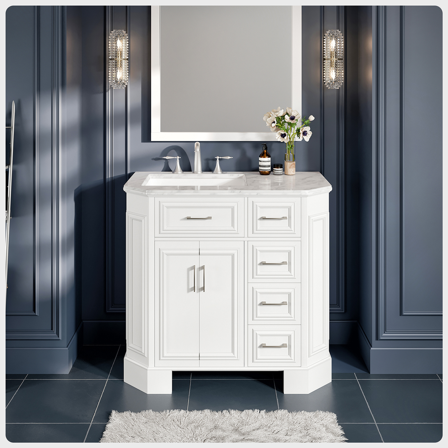 eviva glory 36" white bathroom vanity with carrara marble counter-top and  porcelain sink