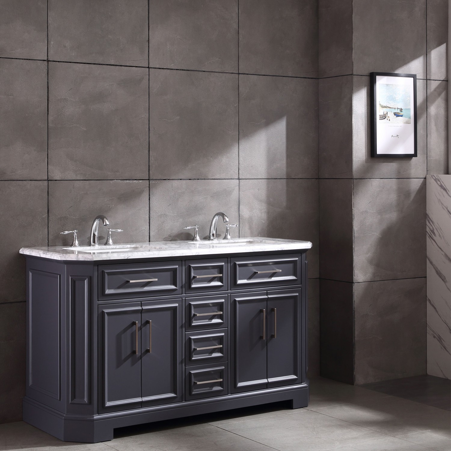 Eviva Glory 60" Dark Grey Bathroom Vanity with Carrara Marble Counter