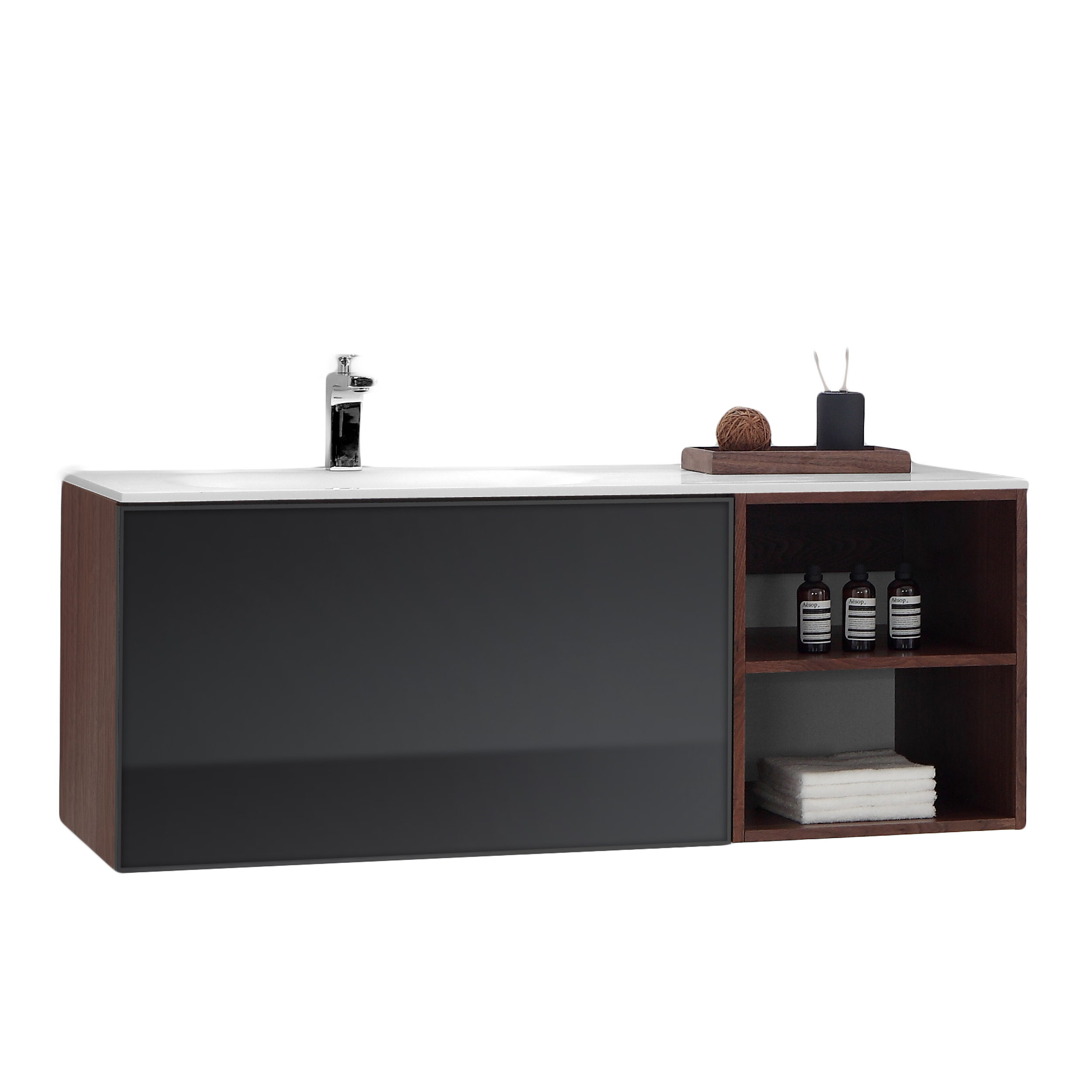 Eviva Napa 48 Grey And Walnut Wall Mount Bathroom Vanity With White Integrated Solid Surface Sink