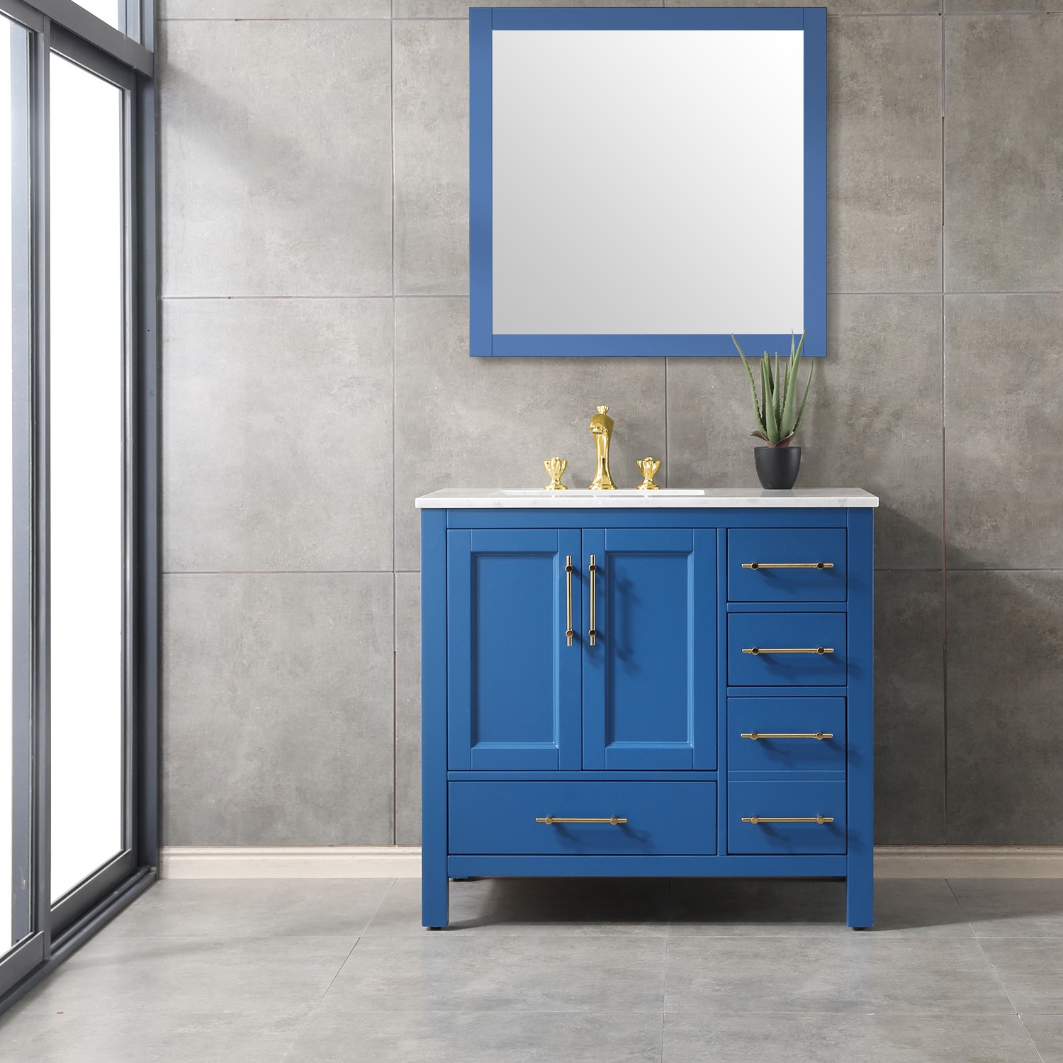 Eviva Navy 36  inch Deep Blue  Bathroom  Vanity  with White 