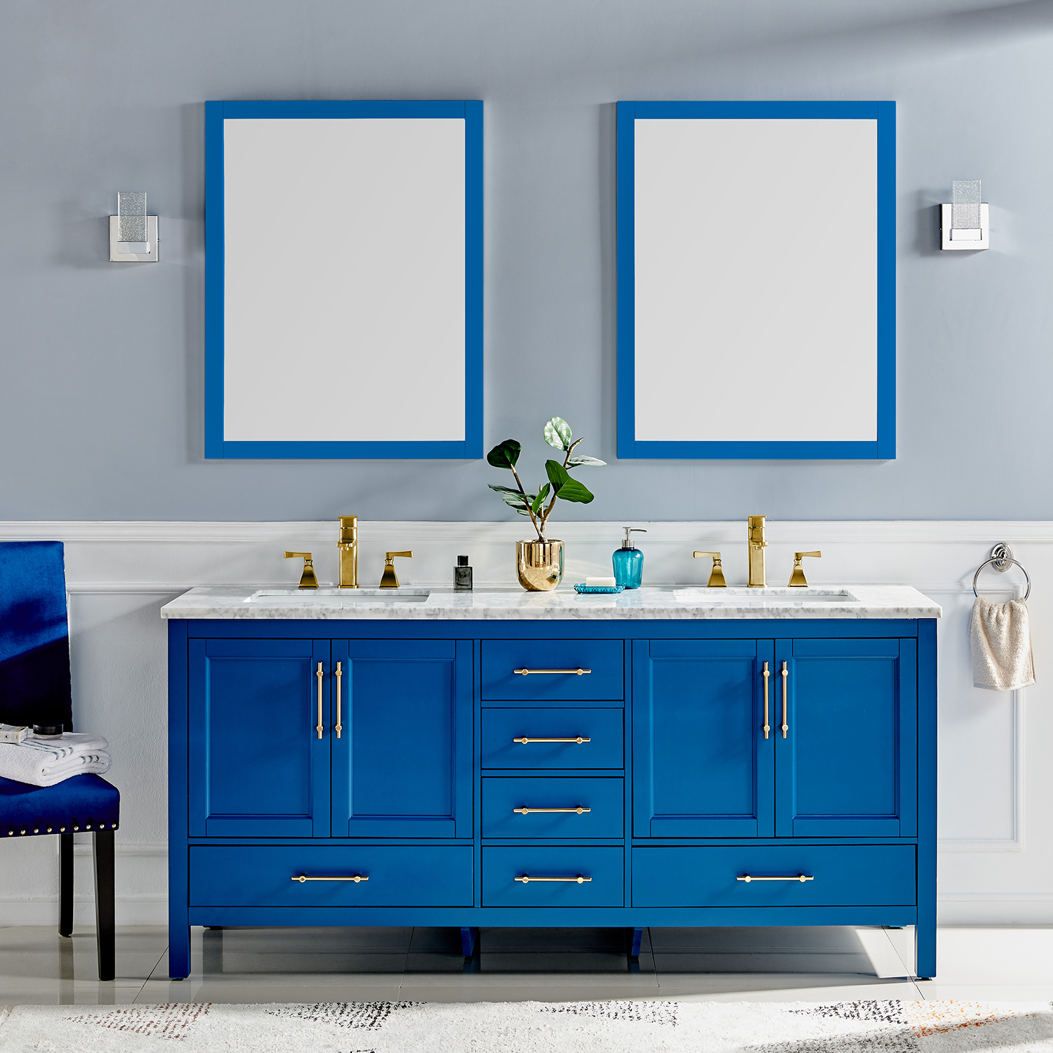 Eviva Navy 72 inch Deep Blue Bathroom Vanity with White Carrera Counter-top  and Double White Undermount Porcelain Sinks