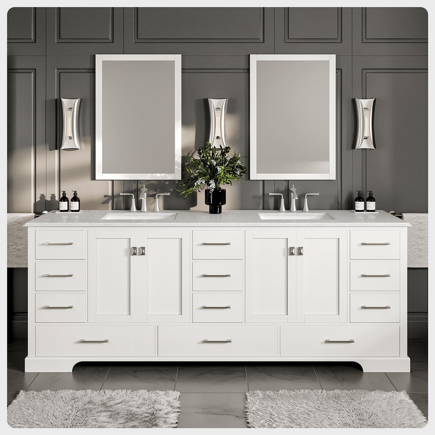 Eviva Storehouse 84 Inch White Bathroom Vanity with Laxurious White Carrera  Counter-top