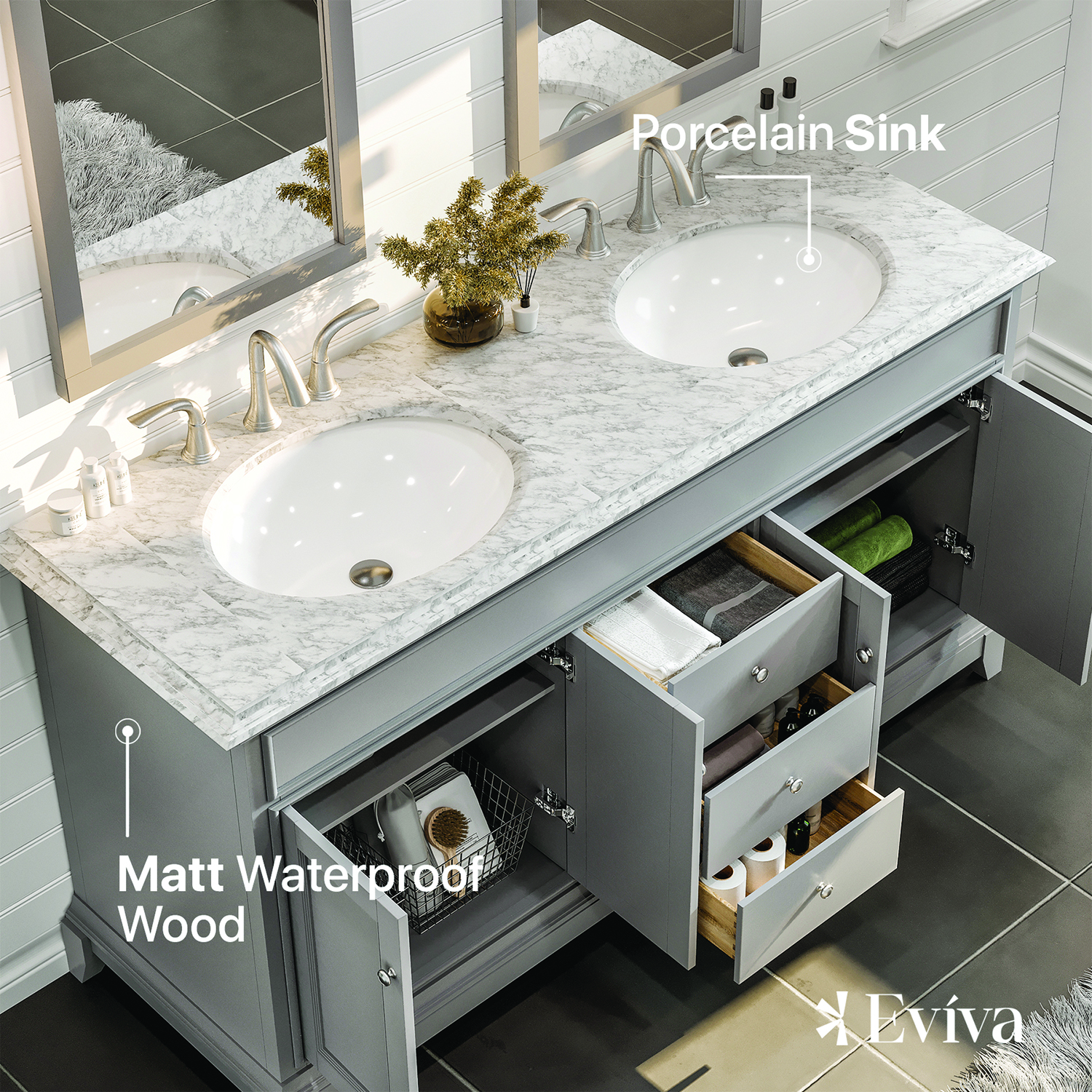 Eviva Elite Stamford 60 Gray Solid Wood Bathroom Vanity Set with Double OG  White Carrera Marble Top & White Undermount Porcelain Sinks