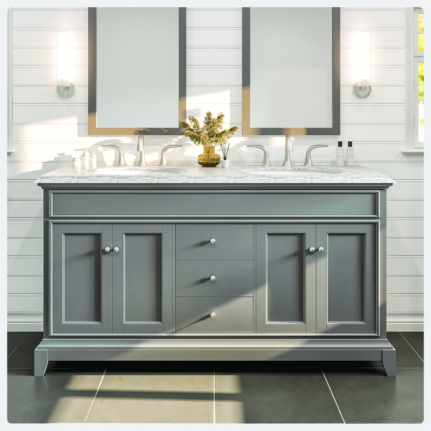 eviva elite stamford 60" gray solid wood bathroom vanity set with double og  white carrera marble top & white undermount porcelain sinks
